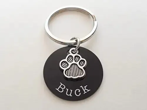 Custom Engraved Anodized Aluminum Disc & Paw Charm Keychain, Pet Loss Gift, Dog Memorial Keychain