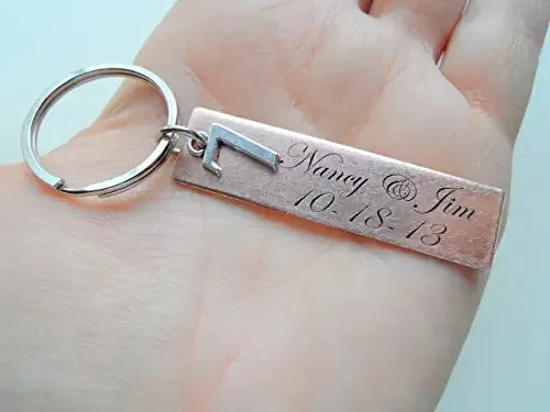 Custom Engraved Copper Tag Keychain with 7 Charm, 7 Year Anniversary Gift Keychain, Personalized Engraved Keychain
