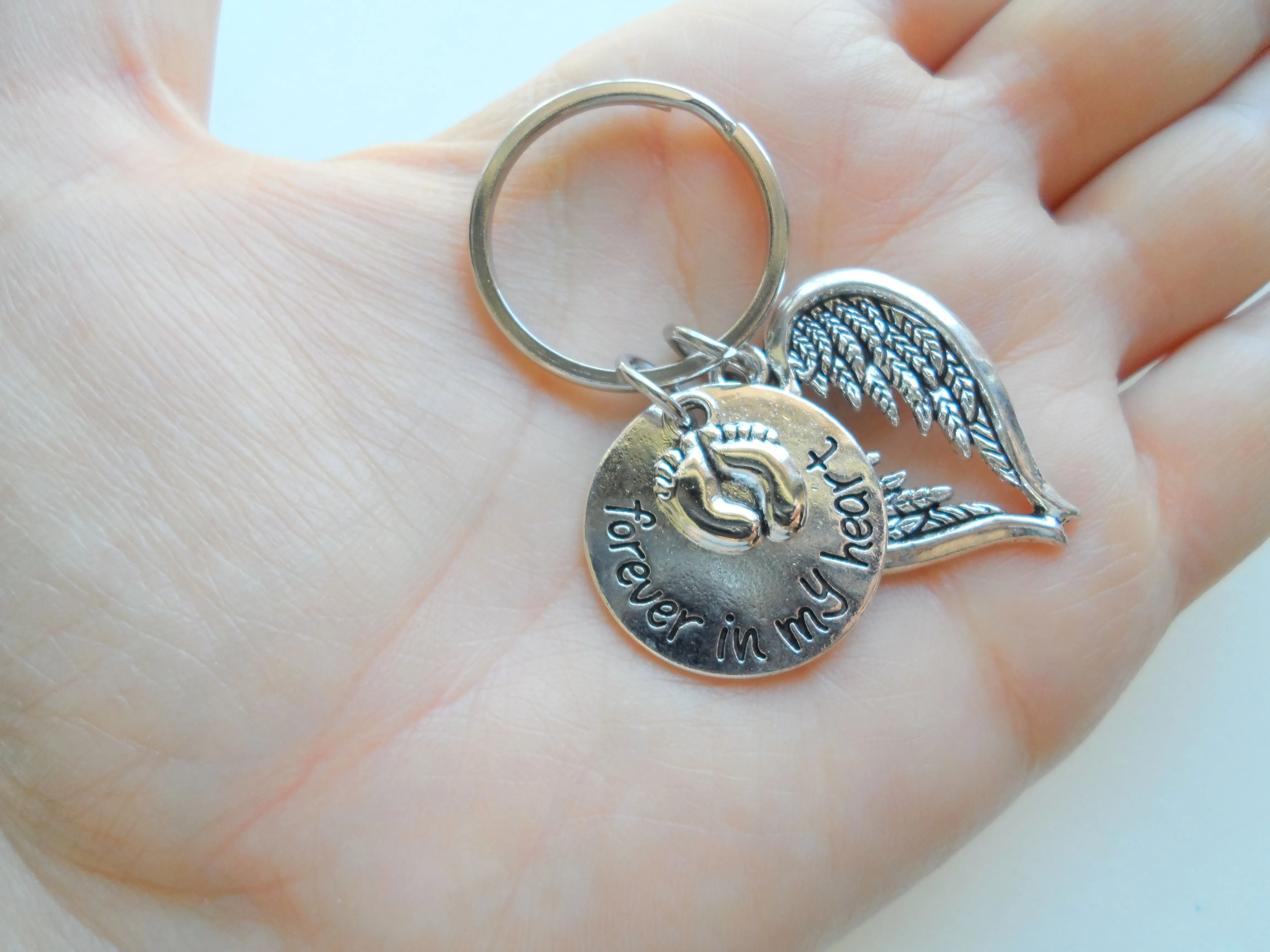 Custom Forever in My Heart Disc & Baby Feet Charm Keychain with Wings Charm, Letter Charm and Birthstone Charm, Infant Loss Gift, Miscarriage Stillborn, Memorial Keychain