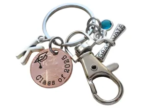 Custom "Class of 2025" Engraved Penny Keychain with Engraved Graduation Cap and with Graduate Scroll Charm and Clasp & Initial Charm Option, Personalized Graduate Keychain