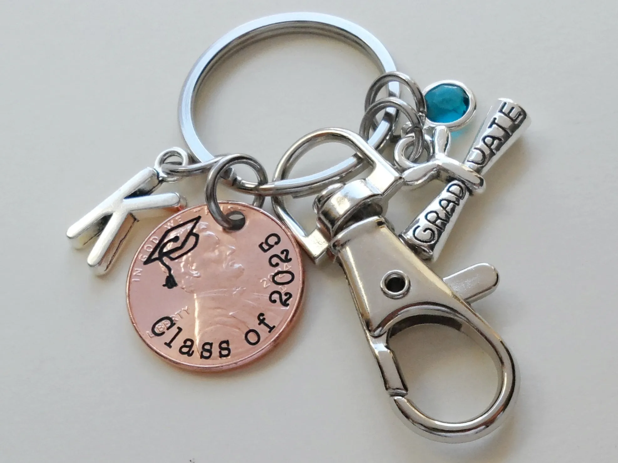 Custom "Class of 2025" Engraved Penny Keychain with Engraved Graduation Cap and with Graduate Scroll Charm and Clasp & Initial Charm Option, Personalized Graduate Keychain