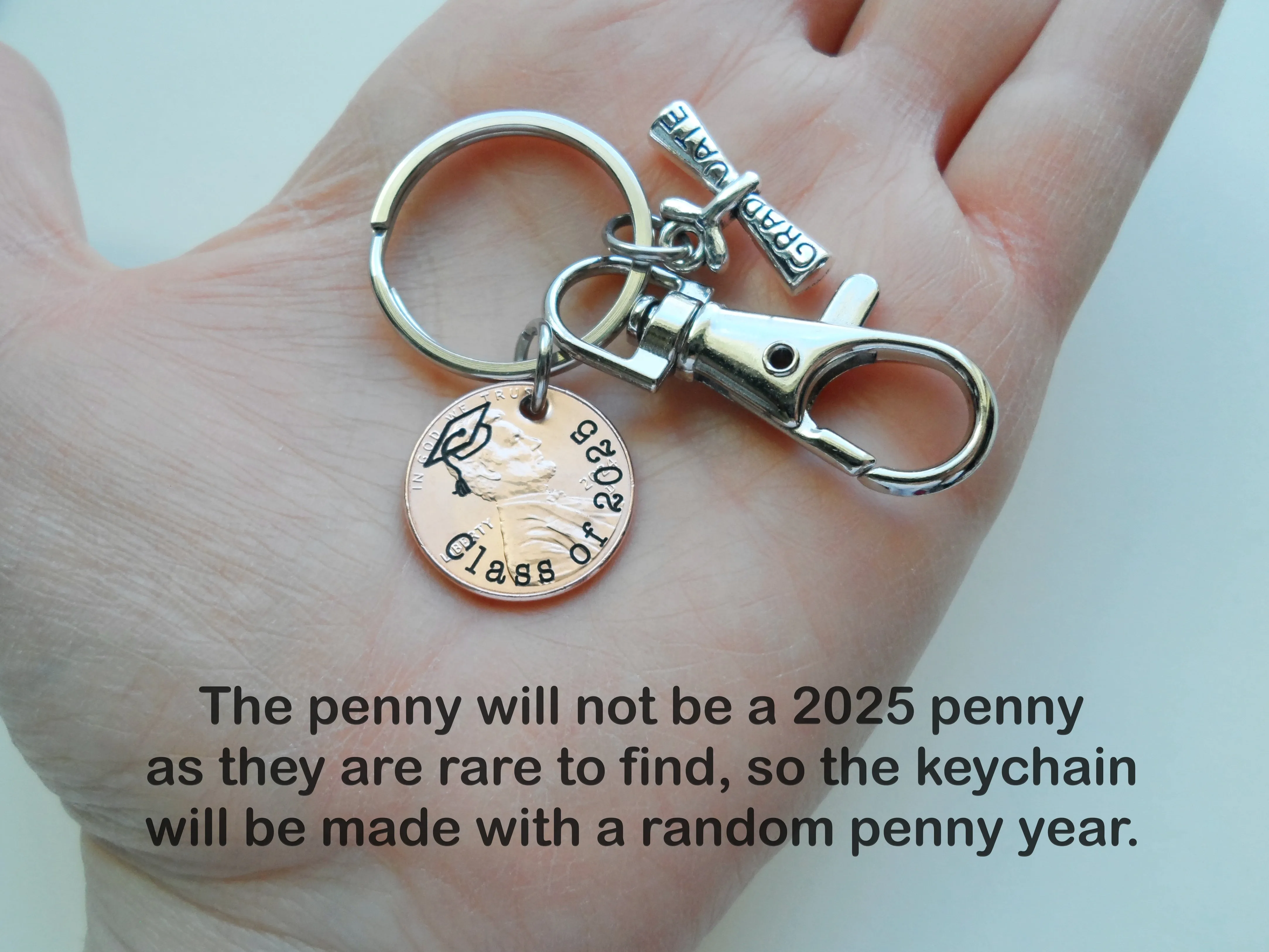 Custom "Class of 2025" Engraved Penny Keychain with Engraved Graduation Cap and with Graduate Scroll Charm and Clasp & Initial Charm Option, Personalized Graduate Keychain
