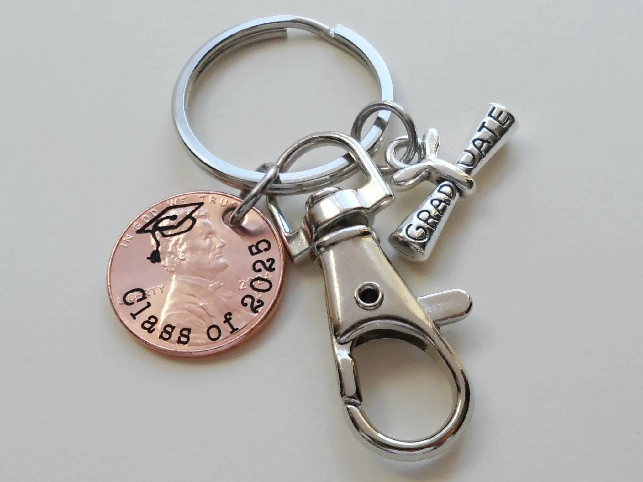 Custom "Class of 2025" Engraved Penny Keychain with Engraved Graduation Cap and with Graduate Scroll Charm and Clasp & Initial Charm Option, Personalized Graduate Keychain