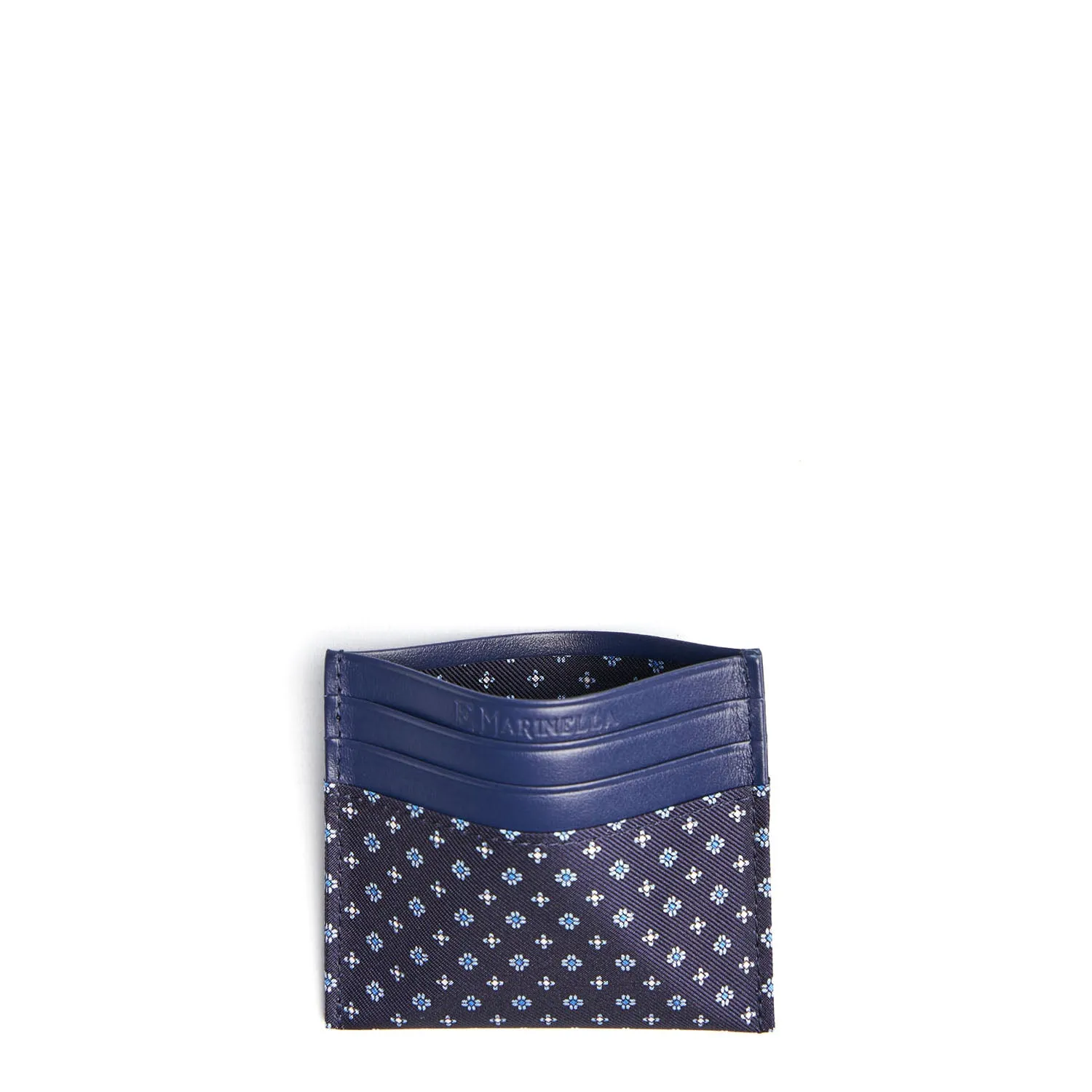 DARK BLUE SILK AND LEATHER CREDIT CARD HOLDER