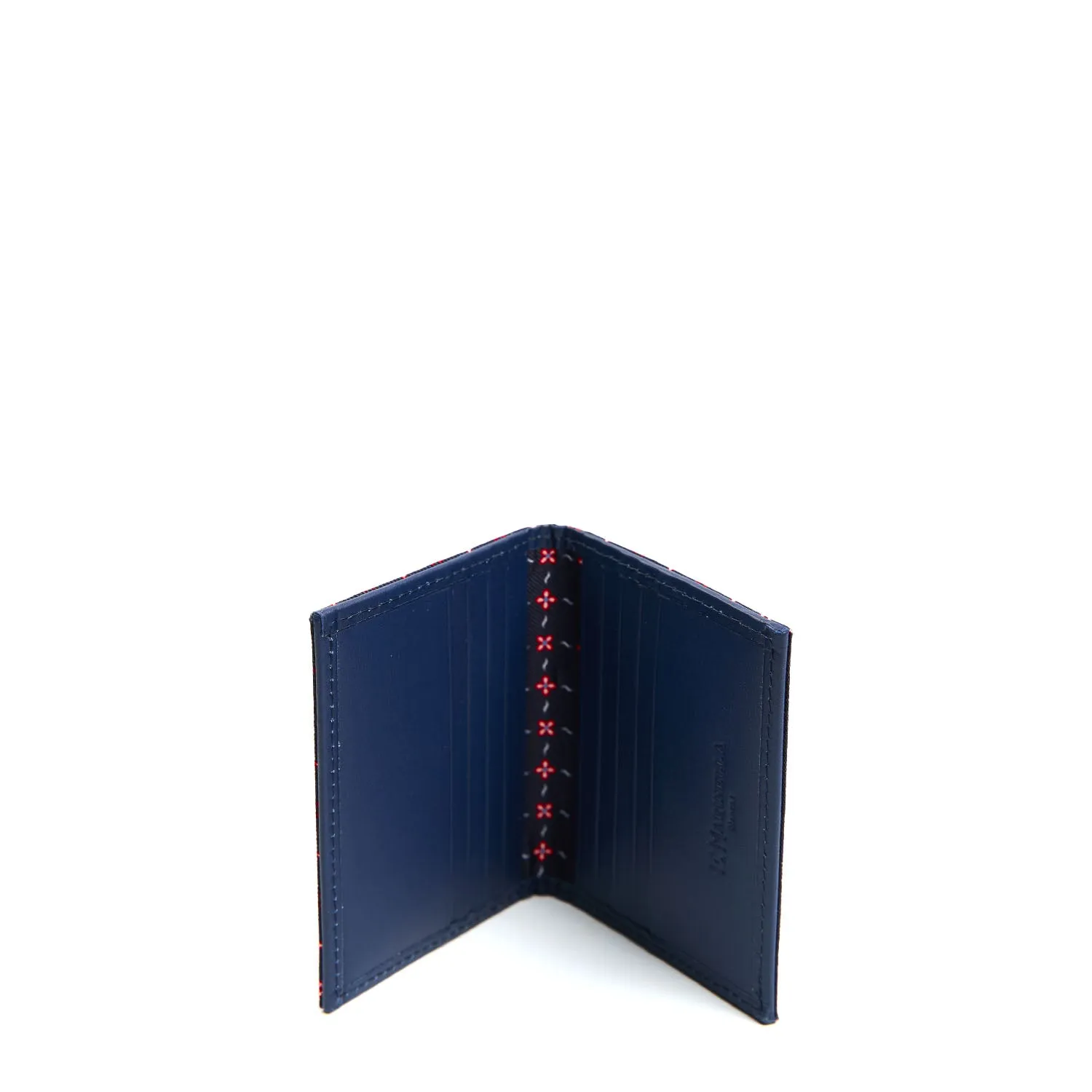 DARK BLUE SILK AND LEATHER FOLDING CARD HOLDER