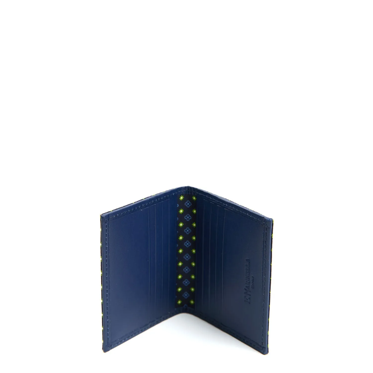 DARK BLUE SILK AND LEATHER FOLDING CARD HOLDER