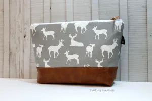 Deer Buck In Grey with Vegan Leather - Large Make Up Bag / Diaper Clutch / Bridesmaid Gift