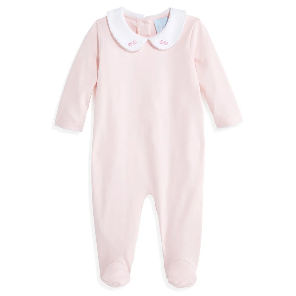 Embroidered Collared Pima Footie -- Pink w/ Pink Hearts & Love
