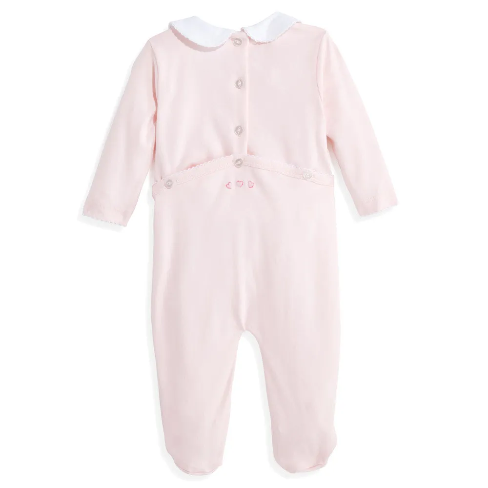 Embroidered Collared Pima Footie -- Pink w/ Pink Hearts & Love