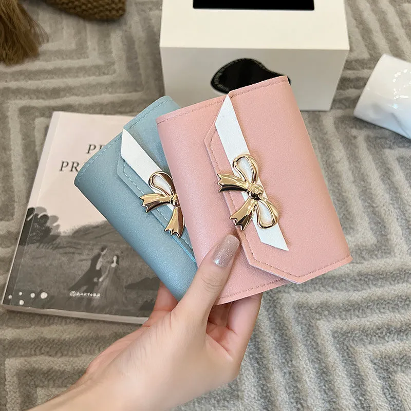 Fashion Short Wallet Hit Color Women Bow Tie Hasp Purse Multiple Card Slots Front Pocket Wallets