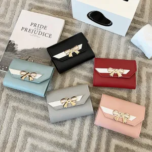Fashion Short Wallet Hit Color Women Bow Tie Hasp Purse Multiple Card Slots Front Pocket Wallets
