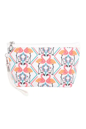 FLAMINGO PRINT COSMETIC POUCH BAG W/ WRISTLET