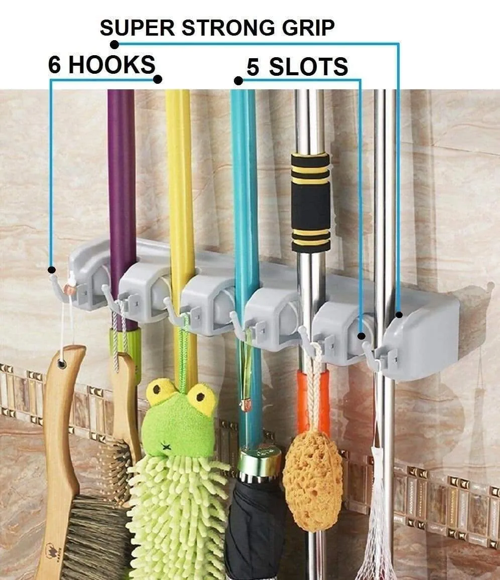 Free Walker Magic Wall Mount Mop Holder with 5 Positons and 6 Hooks,Broom Holder Hanger Brush Cleaning Tools for Home,Kitchen,Prefect for Storage and Organization (5 Postions)