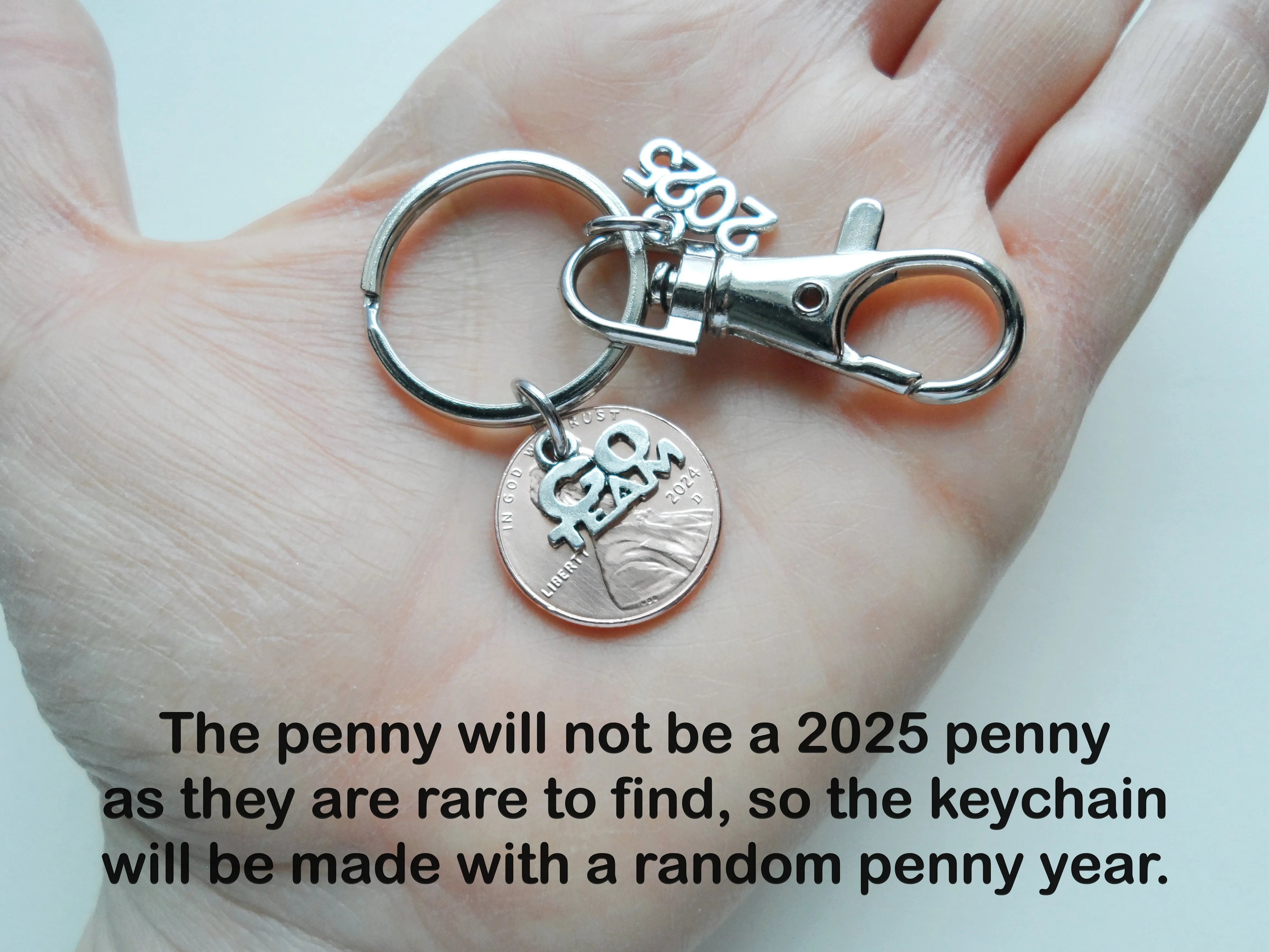 Go Team Charm Layered Over Penny Keychain with 2025 Charm & Clasp, Employee & Volunteer Appreciation; Lucky to Work with You!