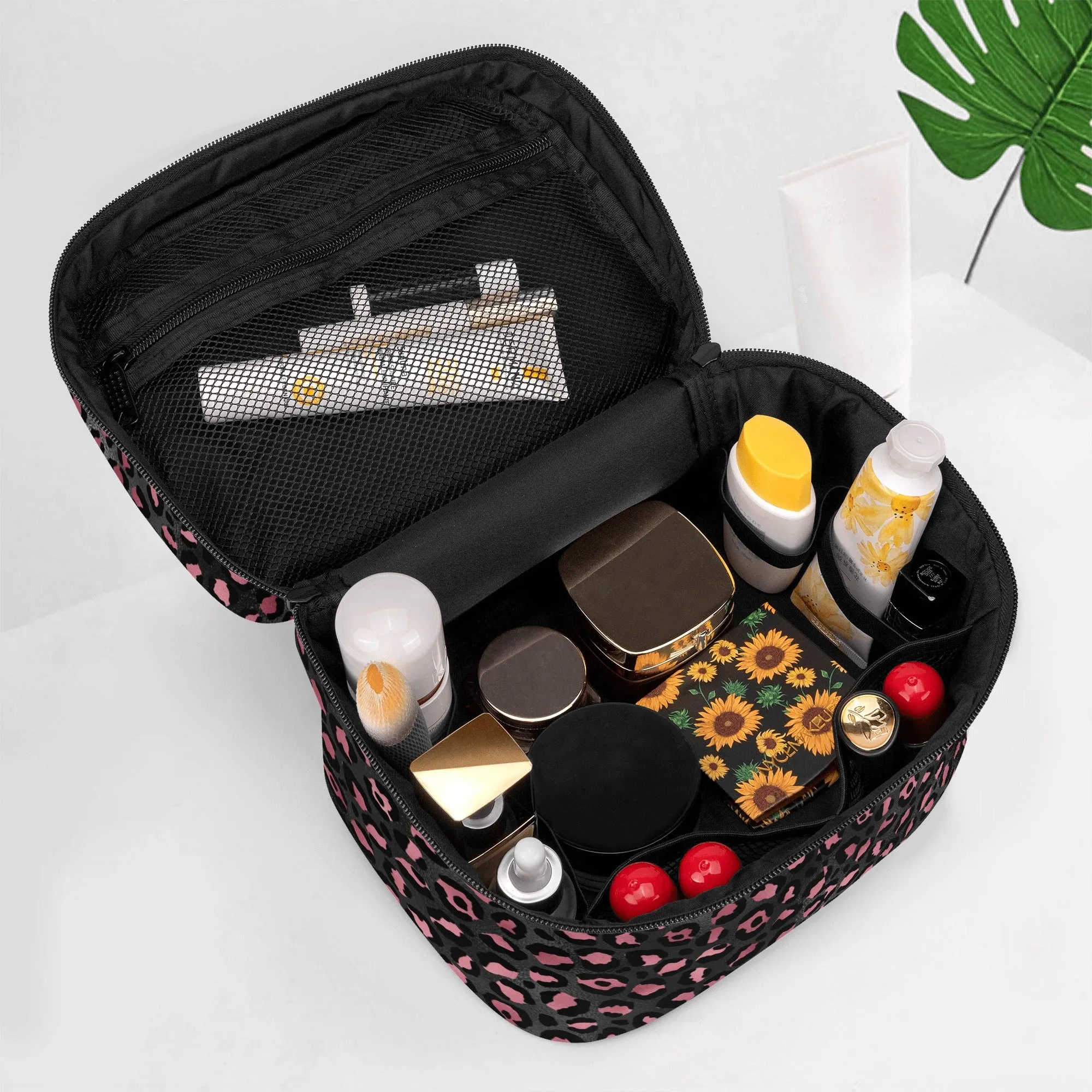 Gold Leopard Pattern Leather Cosmetic Bag