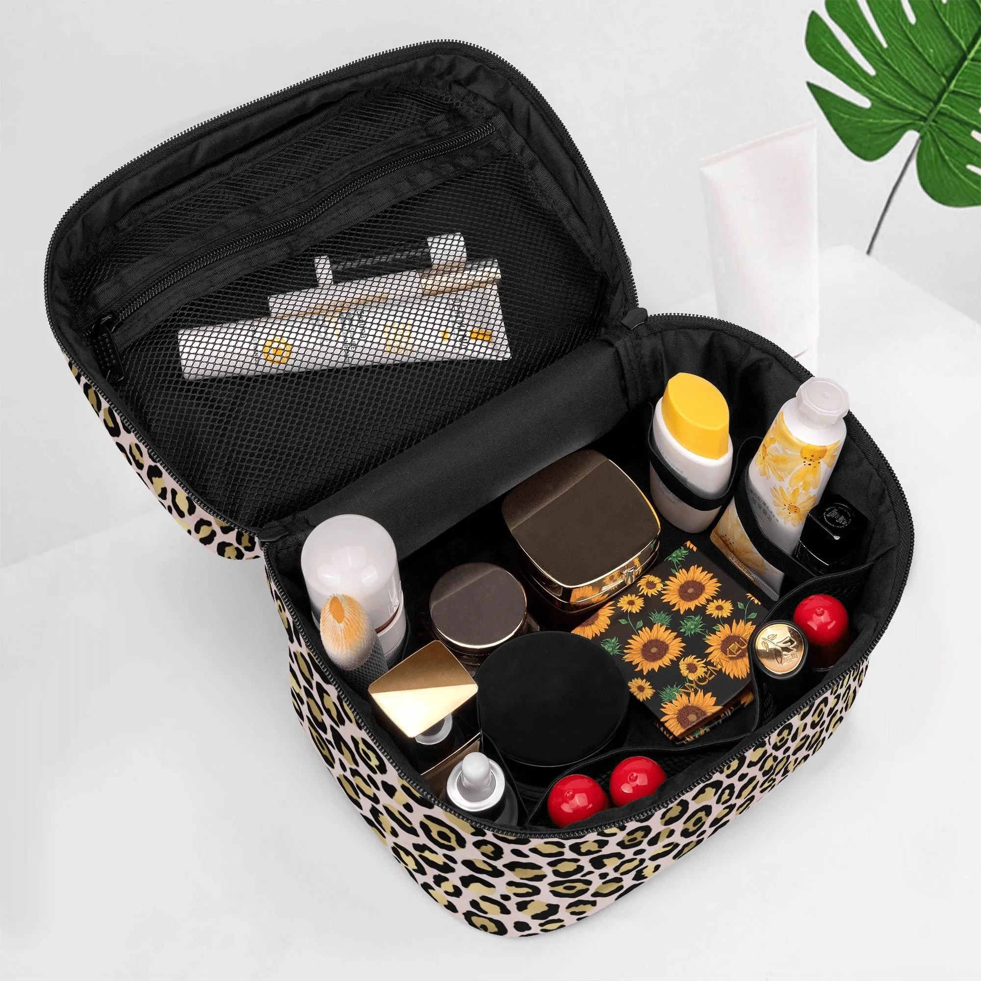 Gold Leopard Pattern Leather Cosmetic Bag