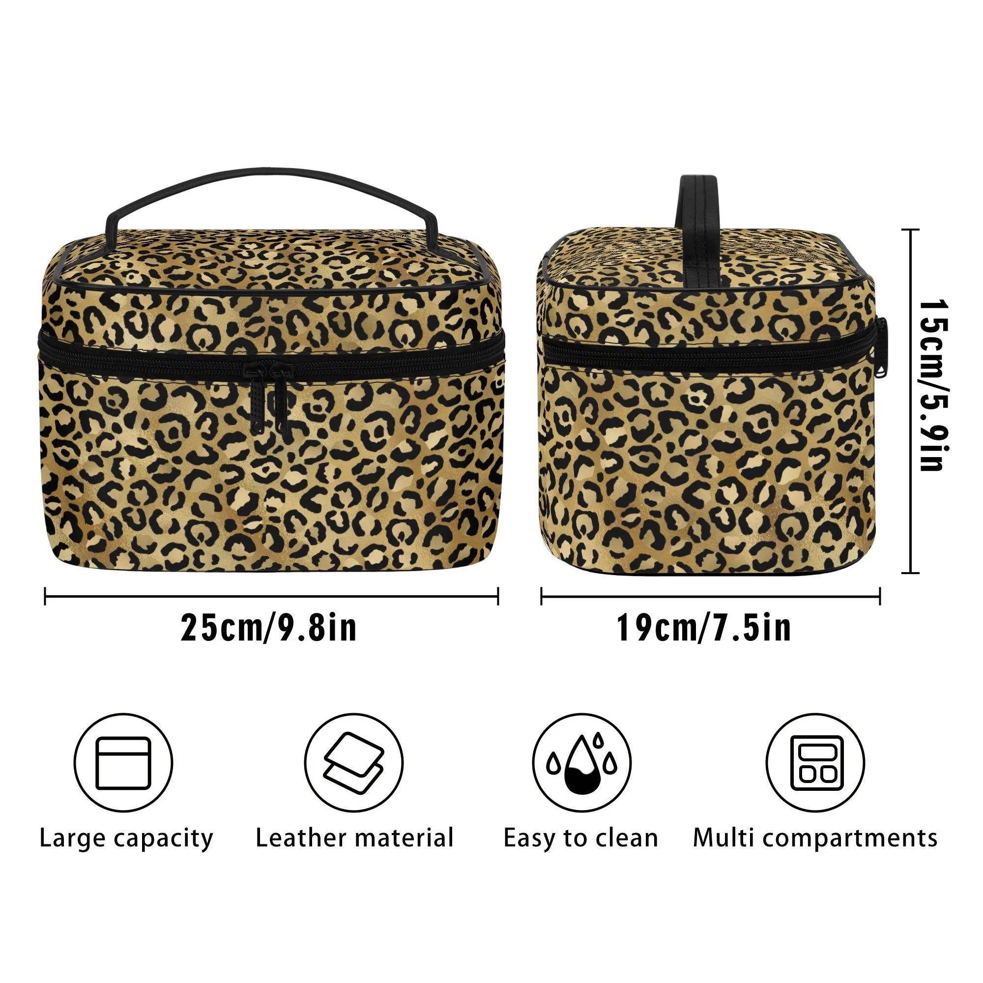 Gold Leopard Pattern Leather Cosmetic Bag