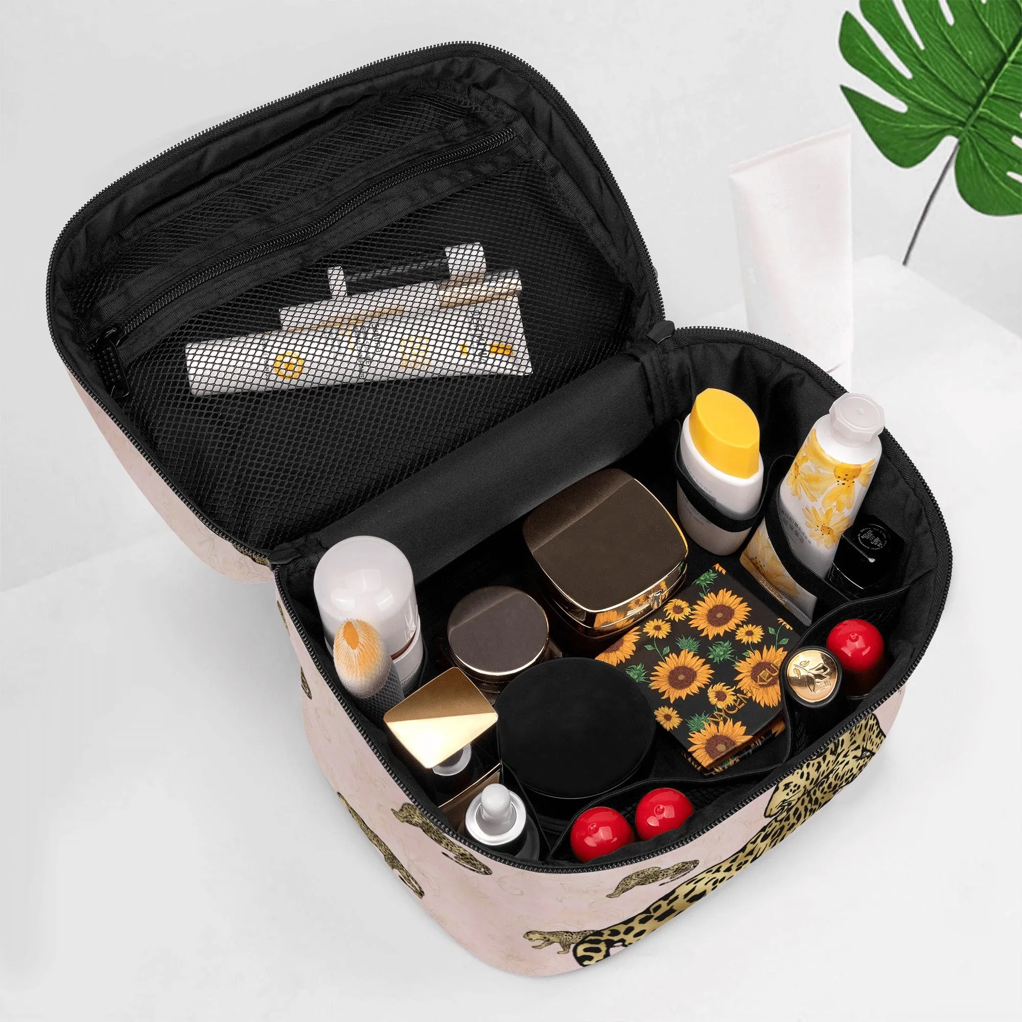 Gold Leopard Pattern Leather Cosmetic Bag