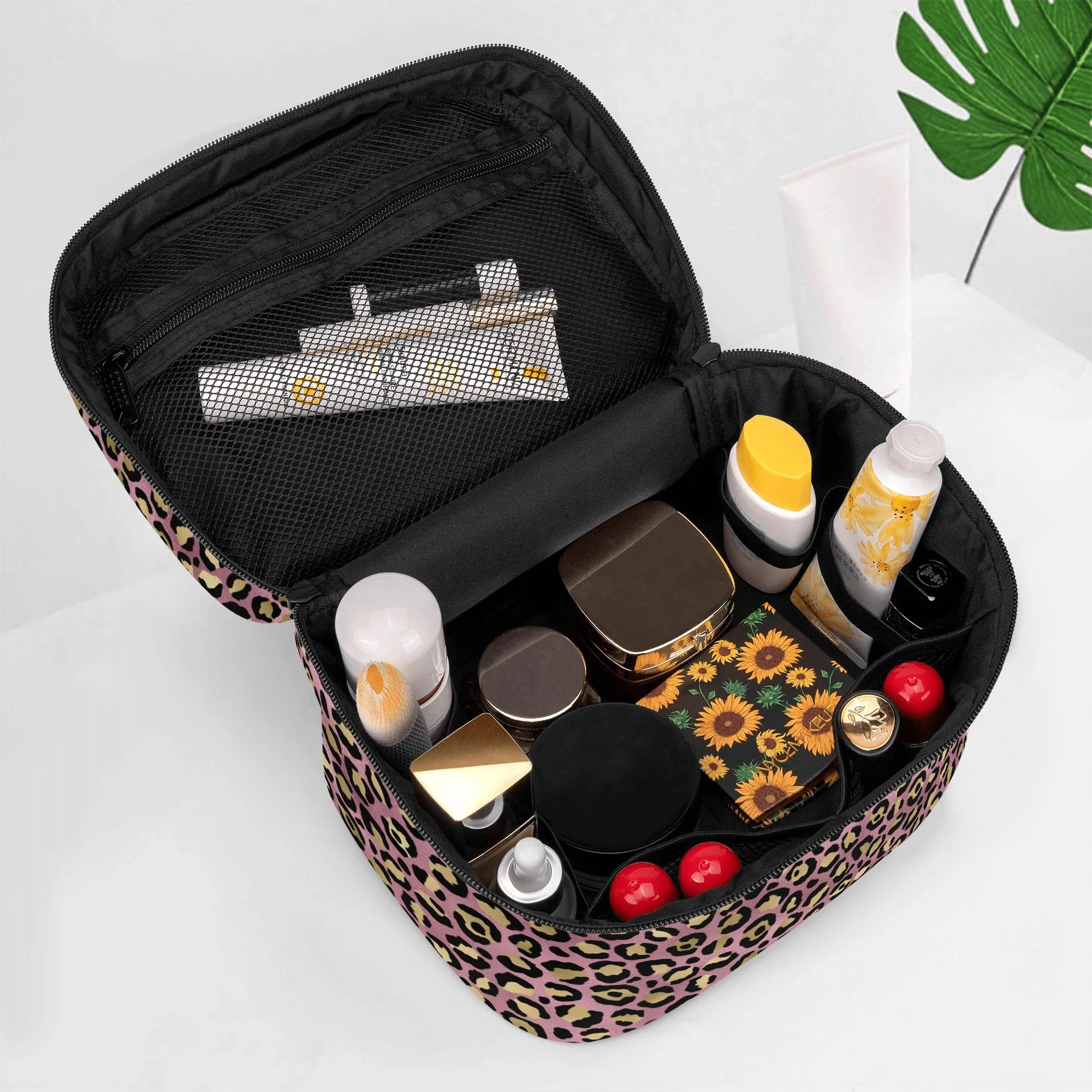 Gold Leopard Pattern Leather Cosmetic Bag