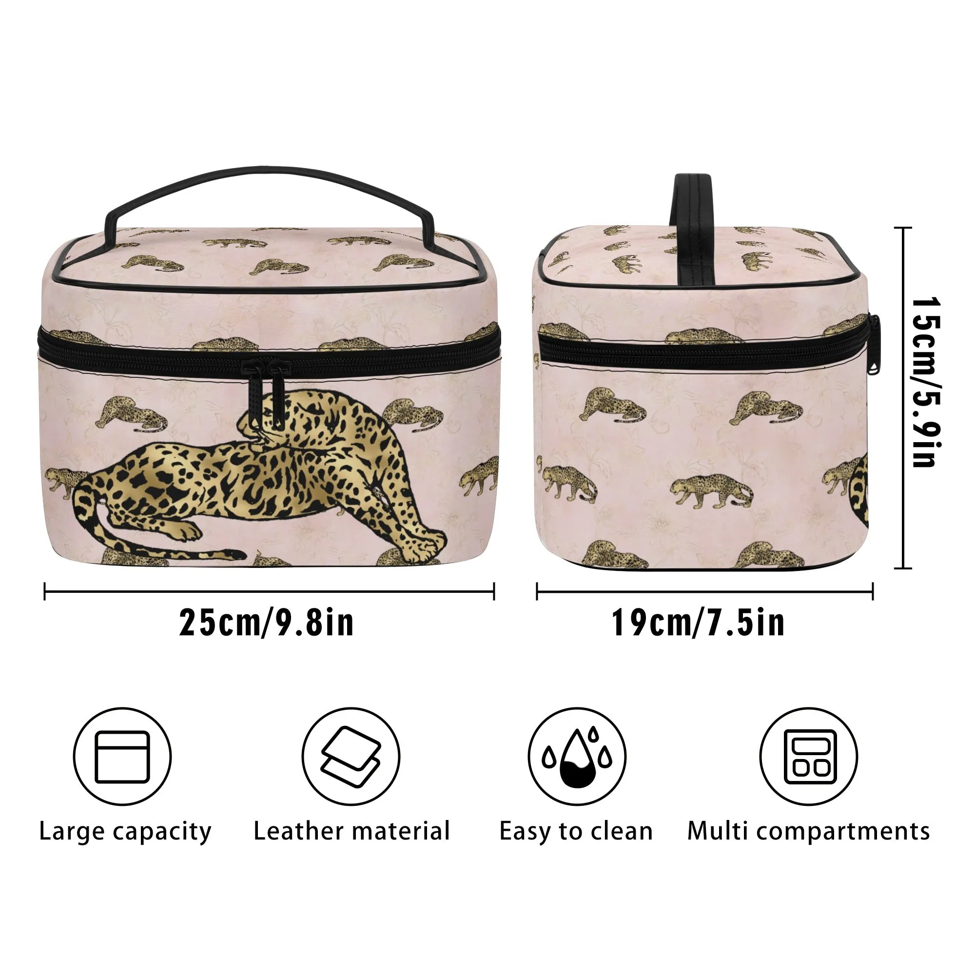 Gold Leopard Pattern Leather Cosmetic Bag