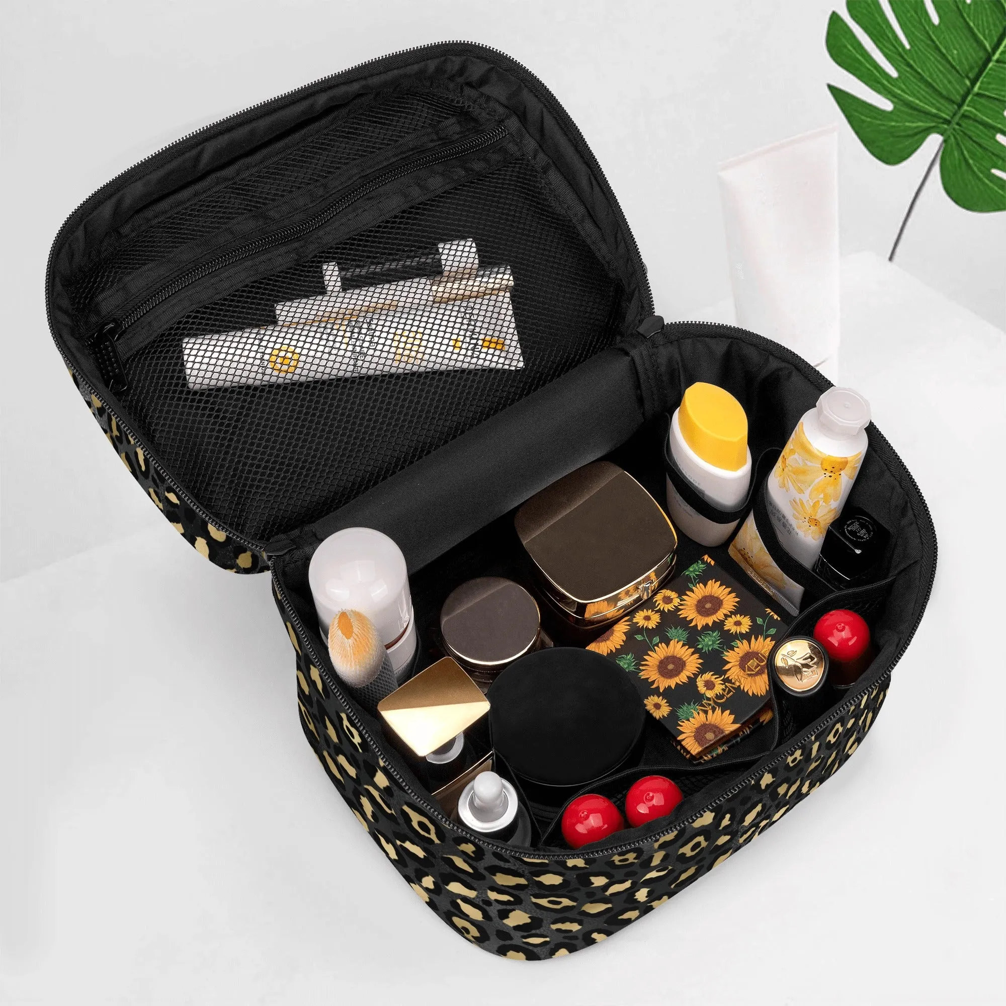 Gold Leopard Pattern Leather Cosmetic Bag