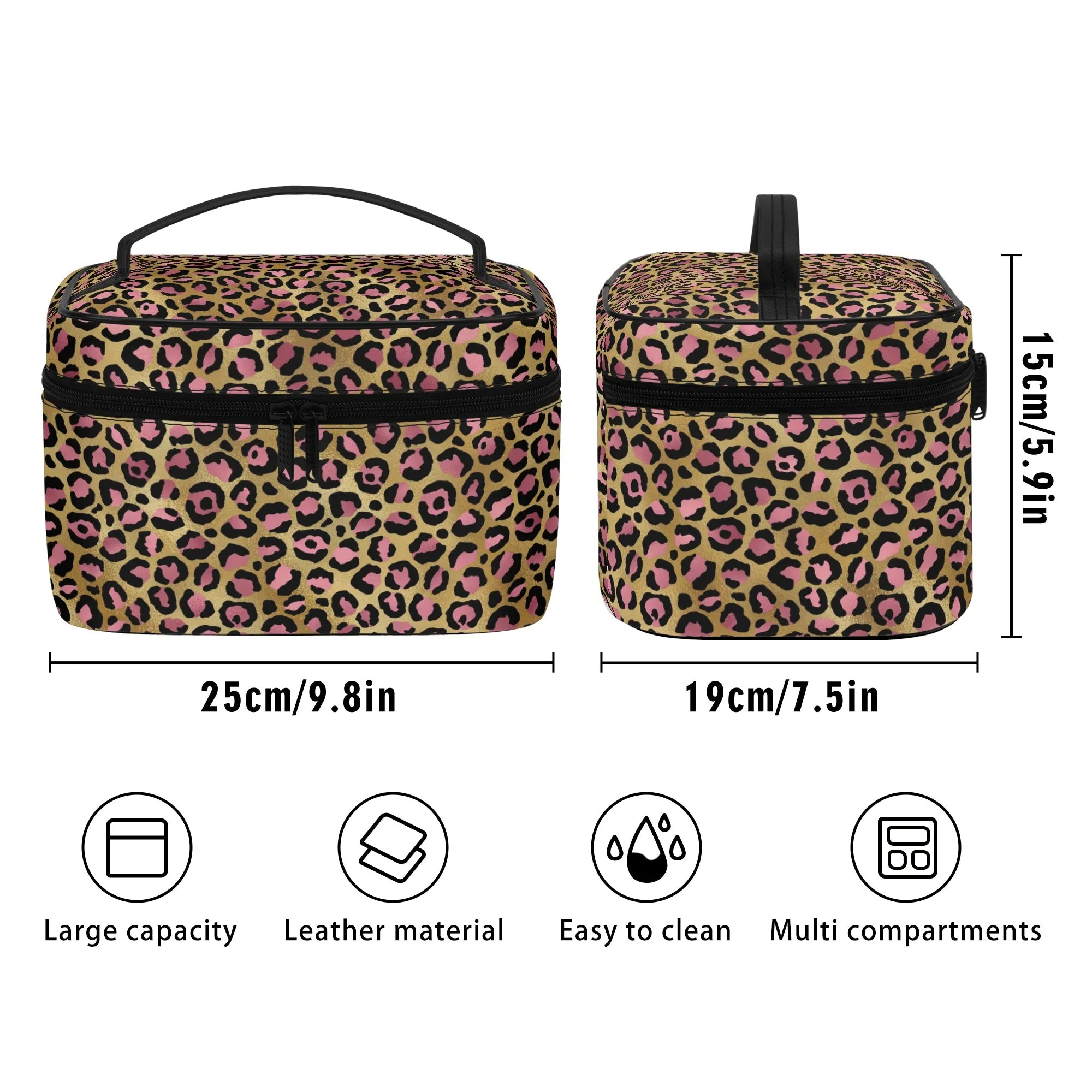 Gold Leopard Pattern Leather Cosmetic Bag