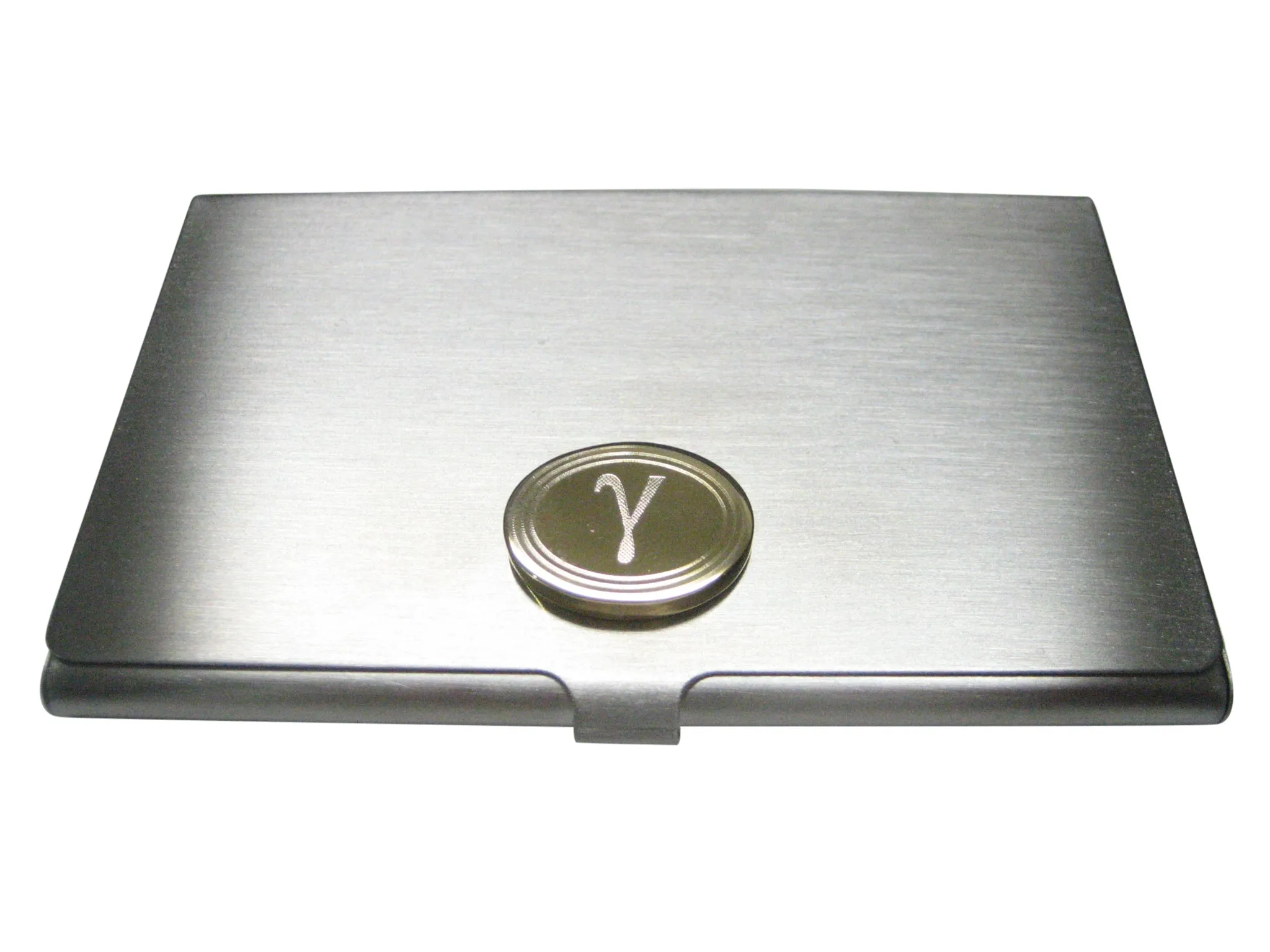 Gold Toned Etched Oval Greek Letter Gamma Pendant Business Card Holder