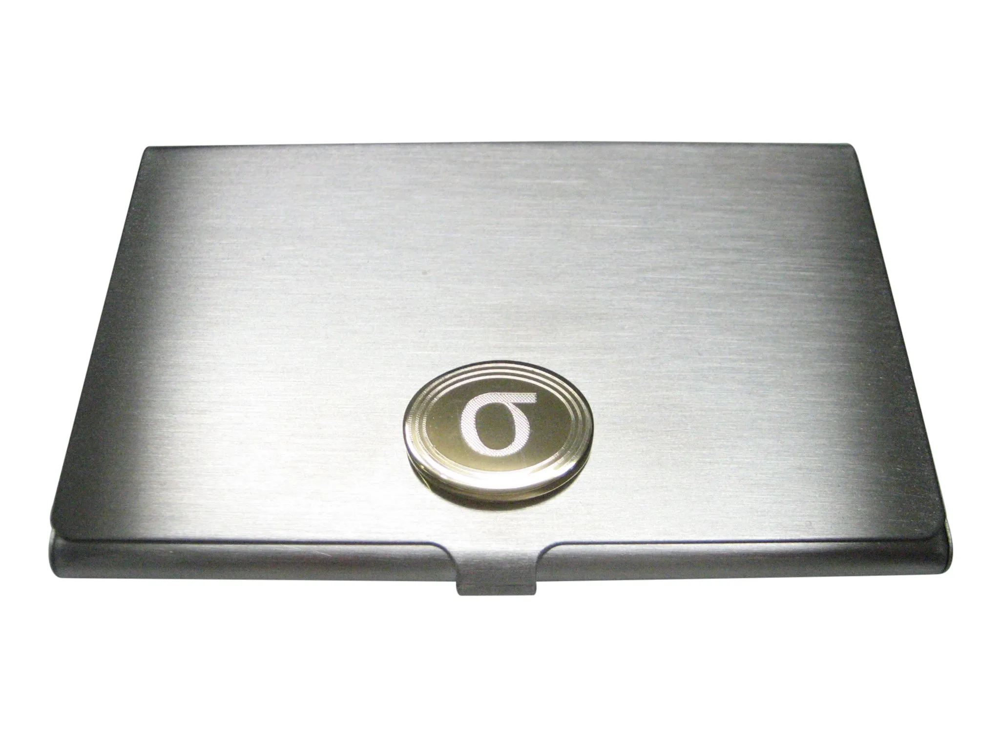 Gold Toned Etched Oval Greek Lowercase Letter Sigma Pendant Business Card Holder