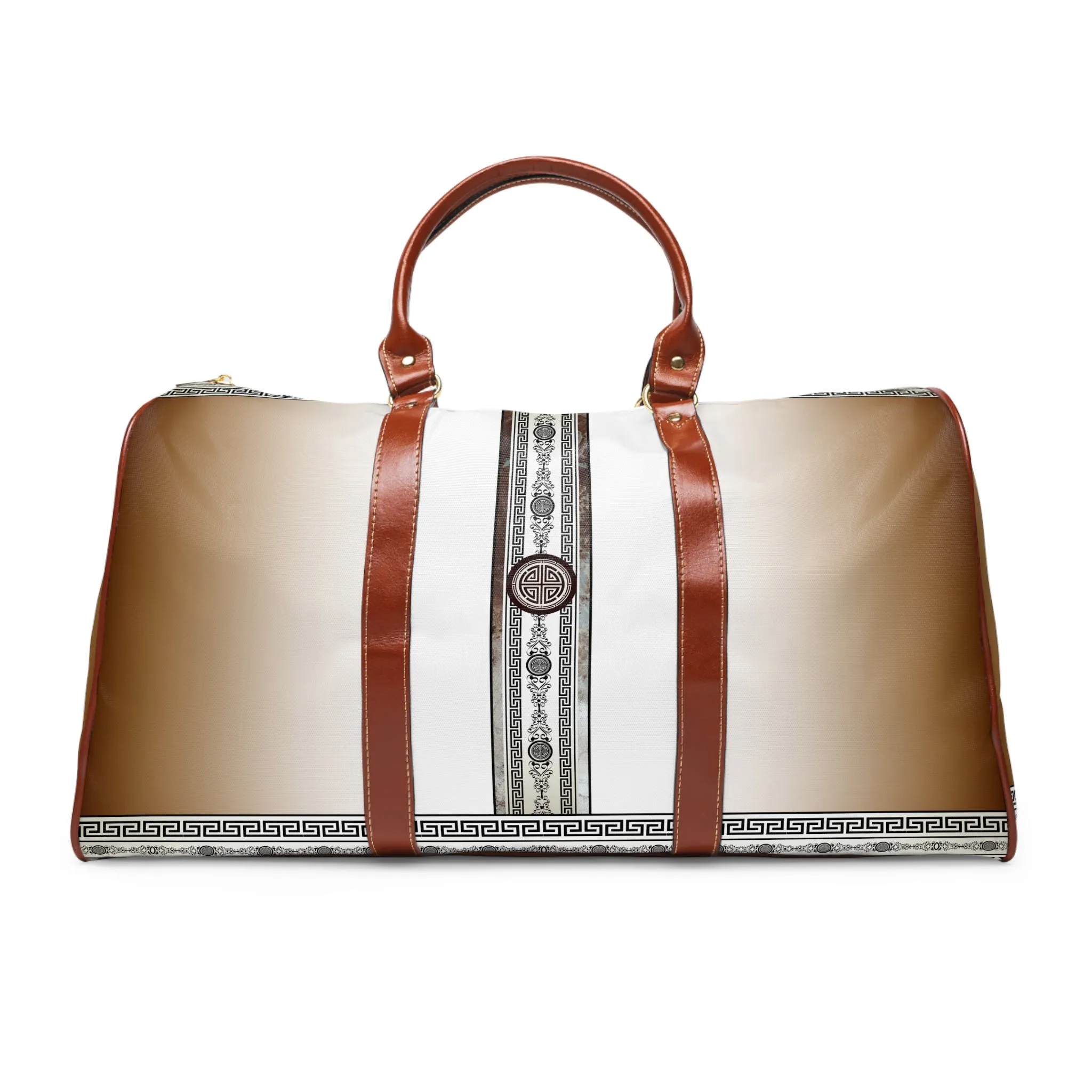 Greek Key Brown Khaki White Waterproof Travel Bag