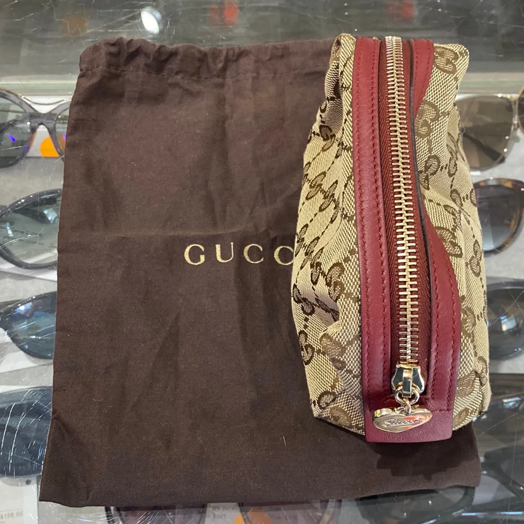 Gucci GG Canvas Heart Zipper Red Leather Top Pouch