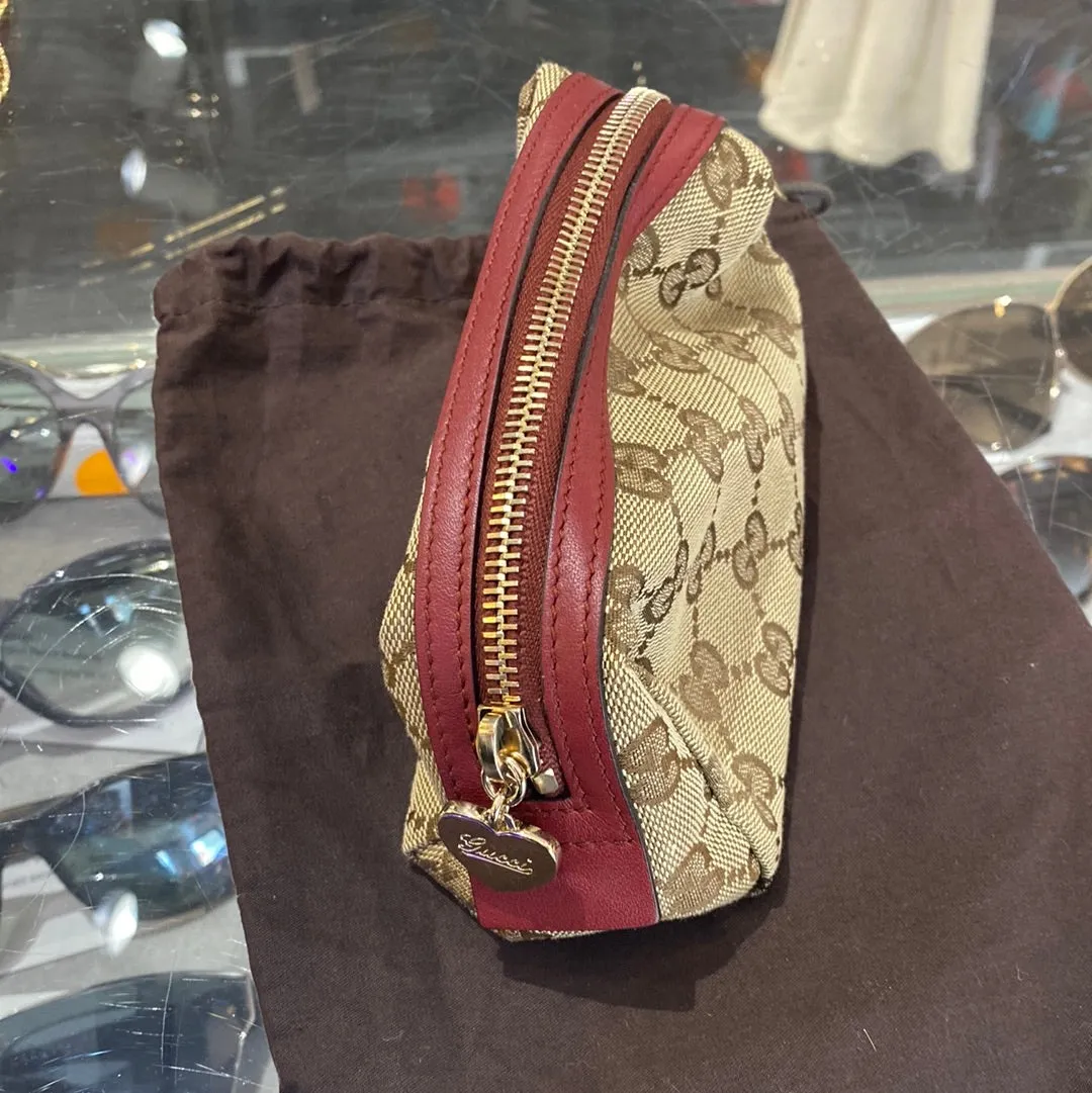 Gucci GG Canvas Heart Zipper Red Leather Top Pouch
