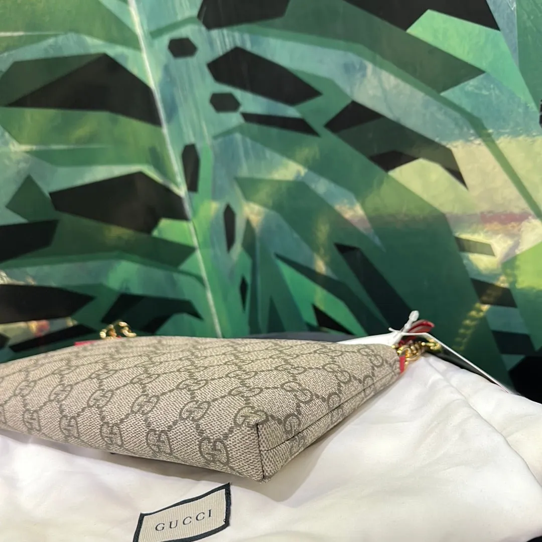 Gucci GG Supreme Pouchette Embroidered Snake and Heart on Chain