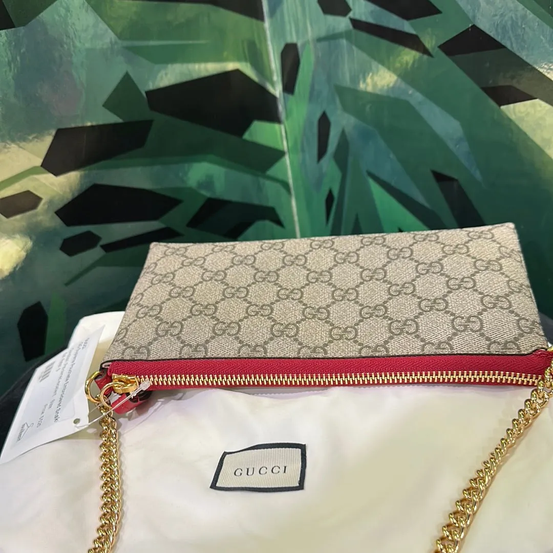Gucci GG Supreme Pouchette Embroidered Snake and Heart on Chain