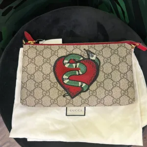 Gucci GG Supreme Pouchette Embroidered Snake and Heart on Chain