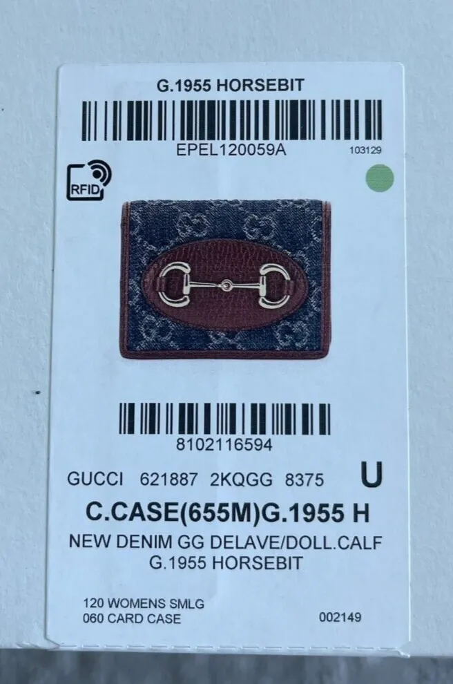 Gucci Horsebit 1955 GG Card Case Wallet Brown Leather Denim Italy New
