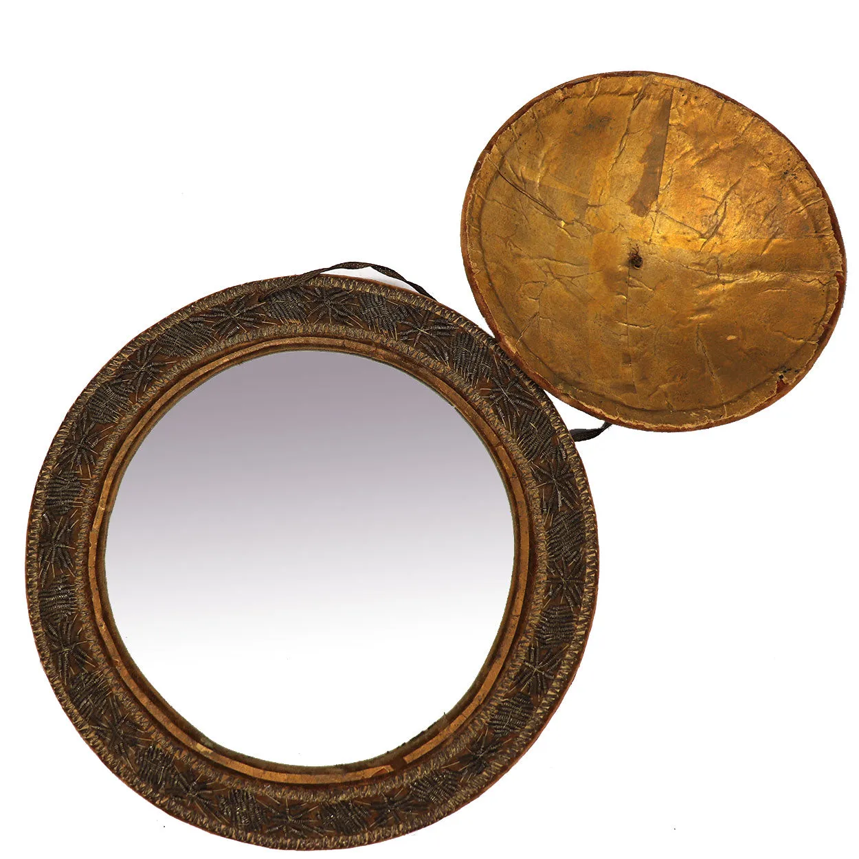 Indian Mughal Beaded Metallic Thread Round Travel Cosmetic Mirror
