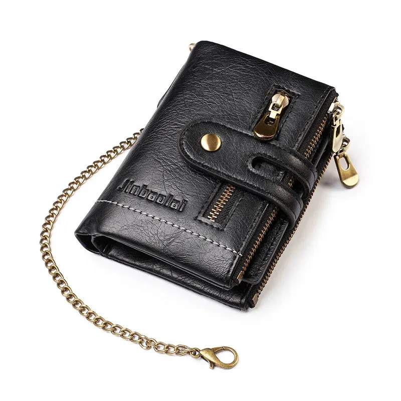 JINBAOLAI Retro Men's Wallet with Chain and Zipper Pocket