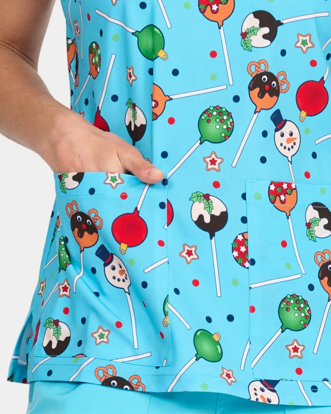 'Jolly Cake Pops' Women's Stretch Christmas Scrub Top - 1054