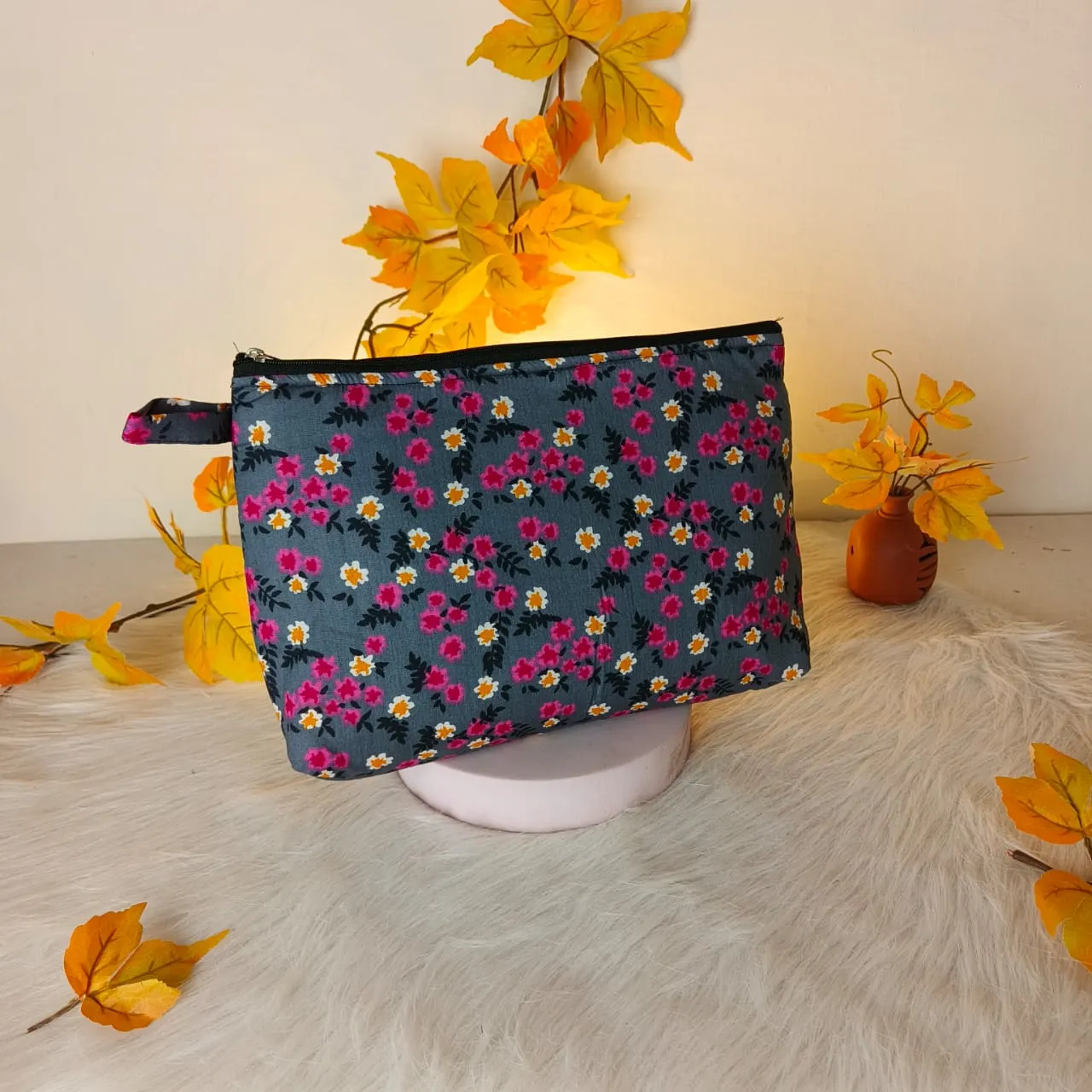 Jumbo Makeup pouch Grey with Pink Floral Design.