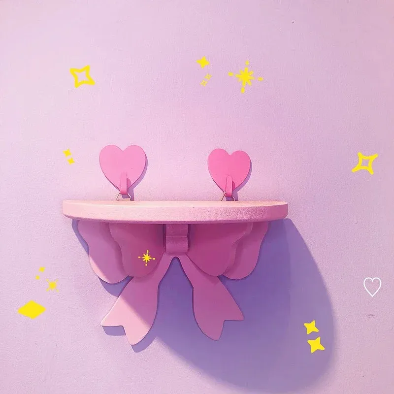 Kawaii Pink Bow Wooden Wall Shelf 🌸✨ | Cute Girly Cosmetic Rack for Heartfelt Room Decor 💖🏡