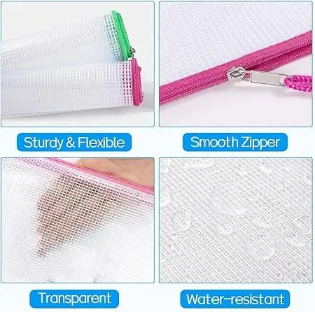 Kebica Plastic Mesh A4 Zipper Pouch  Water-Resistant Zip Bag for School Office Supplies Stationery Organizing Storage & Travel    PACK OF 5