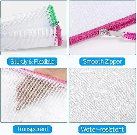 Kebica Plastic Mesh A4 Zipper Pouch  Water-Resistant Zip Bag for School Office Supplies Stationery Organizing Storage & Travel    PACK OF 5