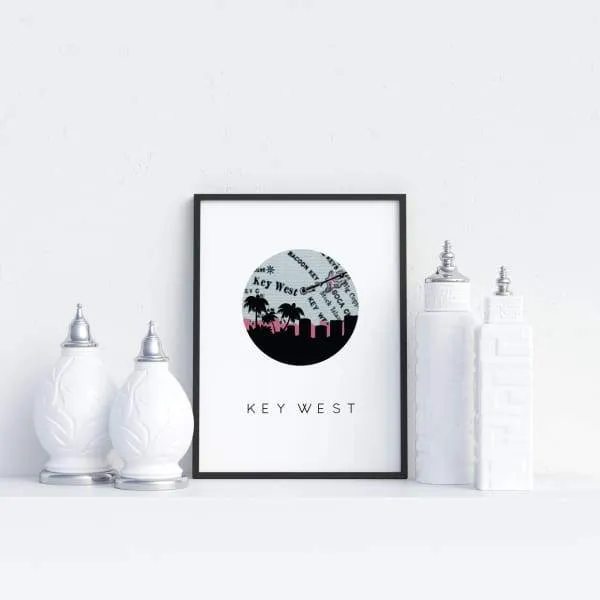 Key West, Florida city skyline with vintage Key West map