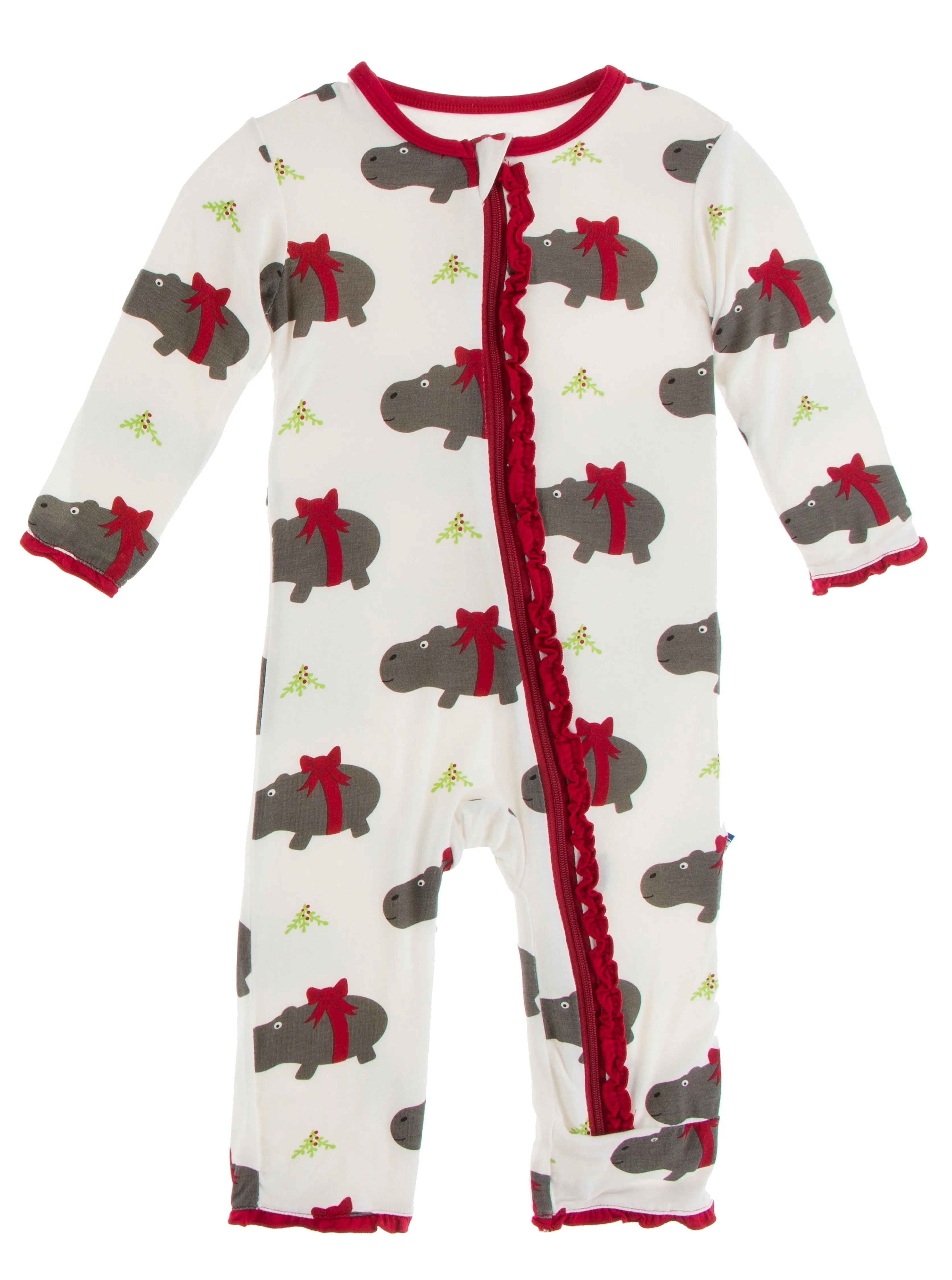 KicKee Pants Natural Christmas Hippo Muffin Ruffle Coverall with Zipper