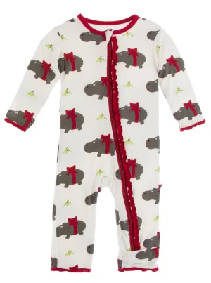 KicKee Pants Natural Christmas Hippo Muffin Ruffle Coverall with Zipper