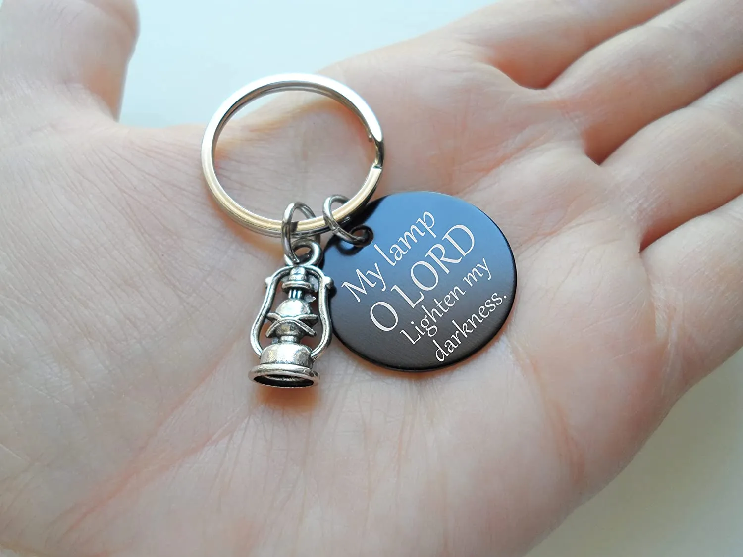 Lamp Charm Keychain with Engraved Aluminum Disc with "My Lamp O Lord Lighten My Darkness"; Religious Keychain