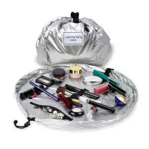 Lay-n-Go Cosmo Drawstring Cosmetic & Makeup Bag Organizer - Portable Drawstring Makeup Bag w/Zipper Pocket, Makeup Loops & More -Durable, Machine Washable Toiletry Bag (20", Metallic Silver)