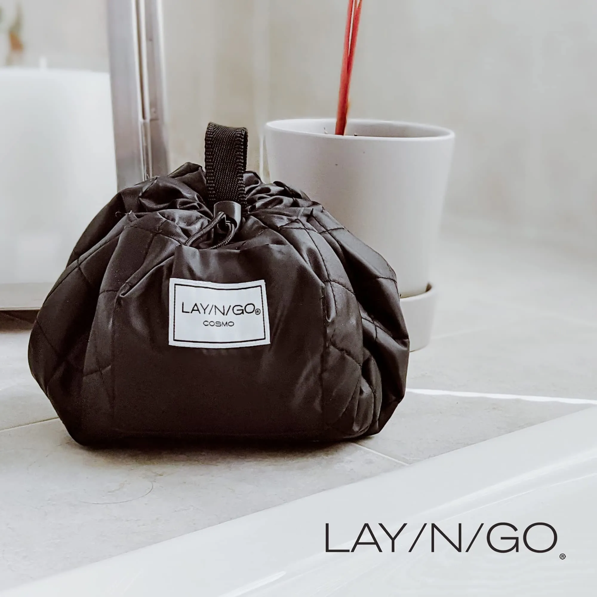 Lay-n-Go Cosmo Drawstring Cosmetic & Makeup Bag Organizer - Portable Drawstring Makeup Bag w/Zipper Pocket, Makeup Loops & More -Durable, Machine Washable Toiletry Bag (20", Metallic Silver)