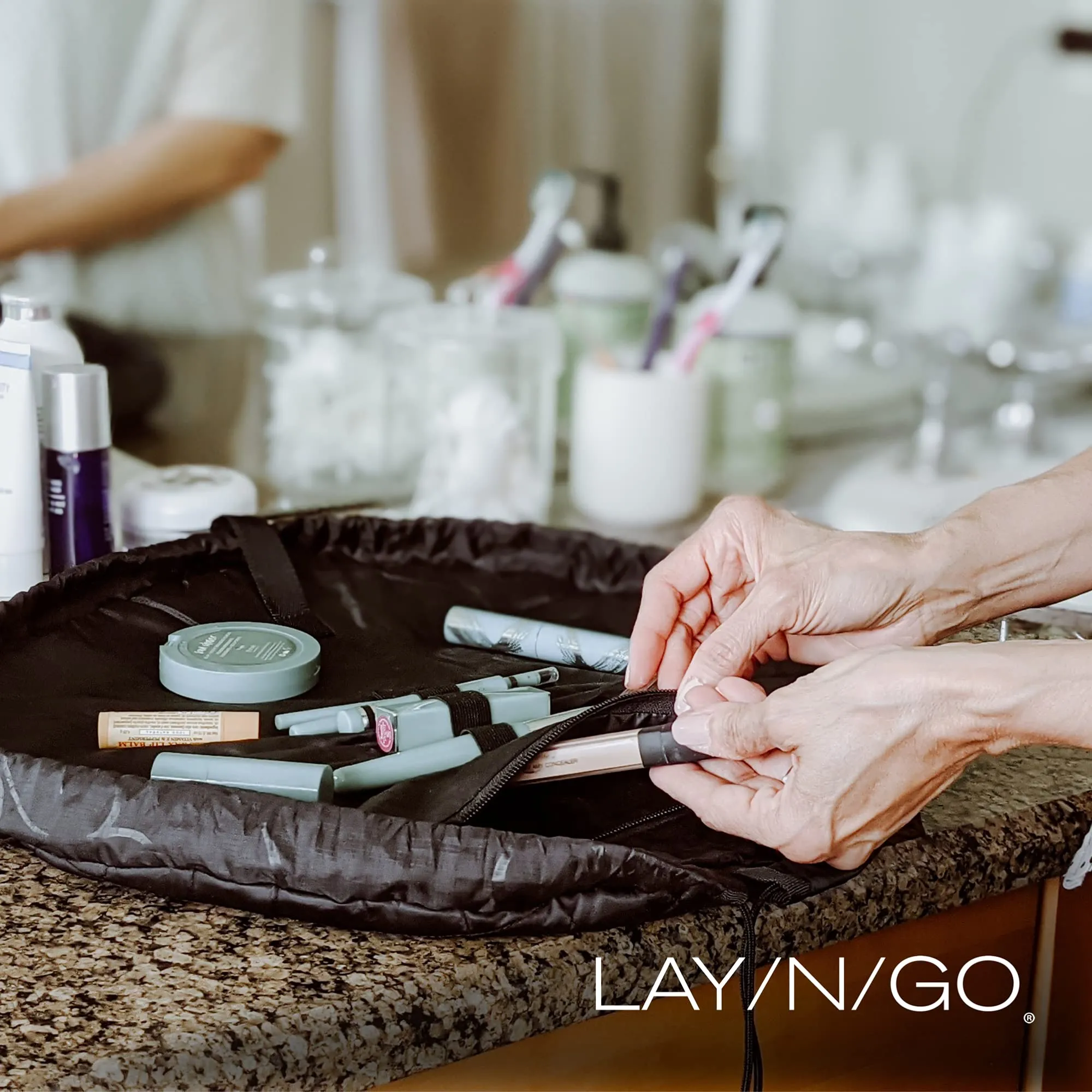Lay-n-Go Cosmo Drawstring Cosmetic & Makeup Bag Organizer - Portable Drawstring Makeup Bag w/Zipper Pocket, Makeup Loops & More -Durable, Machine Washable Toiletry Bag (20", Metallic Silver)