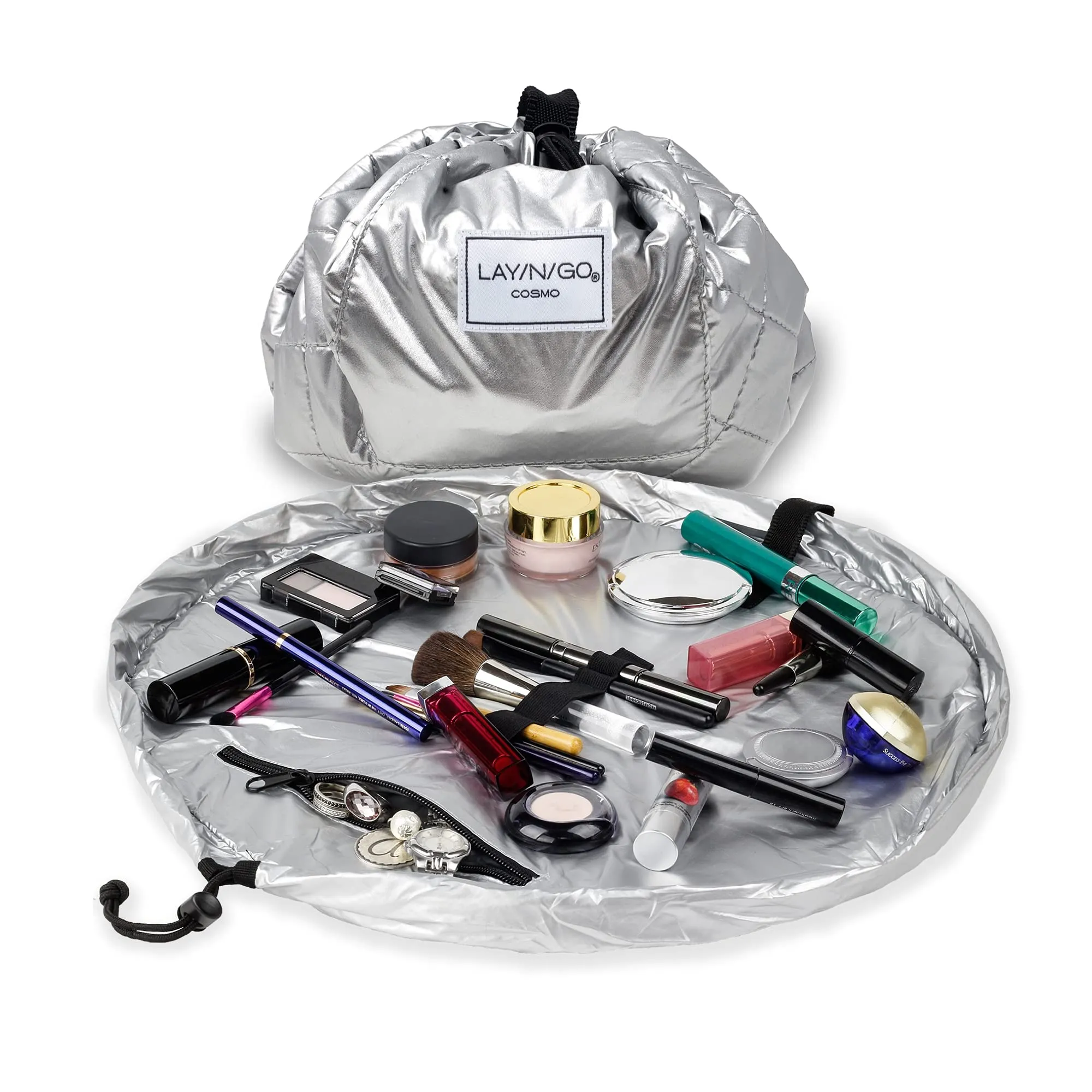 Lay-n-Go Cosmo Drawstring Cosmetic & Makeup Bag Organizer - Portable Drawstring Makeup Bag w/Zipper Pocket, Makeup Loops & More -Durable, Machine Washable Toiletry Bag (20", Metallic Silver)